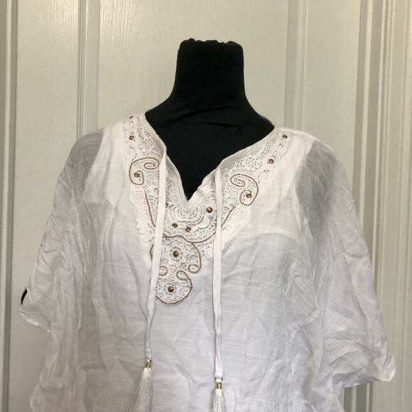 JM Collection Women's Blouse Embroidered Beaded Tassel V-Neck White Petite Large - Picture 3 of 11